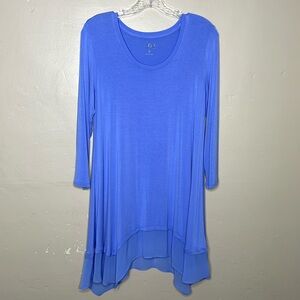 LOGO Top Periwinkle Knit Chiffon Hem Three Quarter Sleeves Soft Stretchy Medium